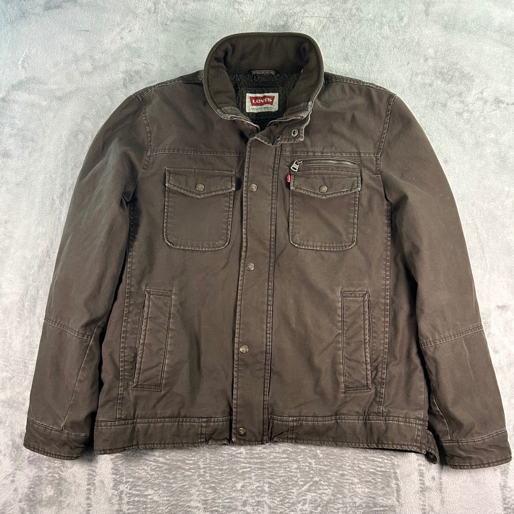 Levis Mens Brown Canvas Sherpa Lined Field Jacket Cotton Utility Coat Large